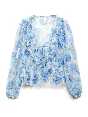 MANGO Women’s semi sheer floral long sleeve ruffle top💙💙